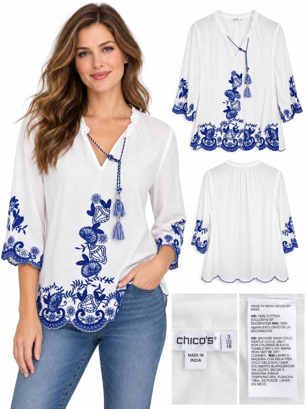 Chico’s Size 3 16 White Blue Embroidered Boho Tunic